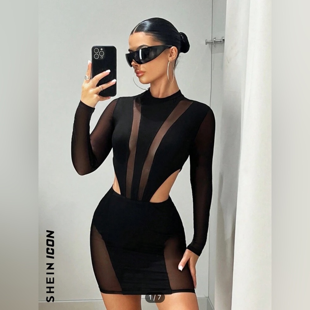 SHEIN ICON Contrast Mesh Cut Out Waist Bodycon Dress